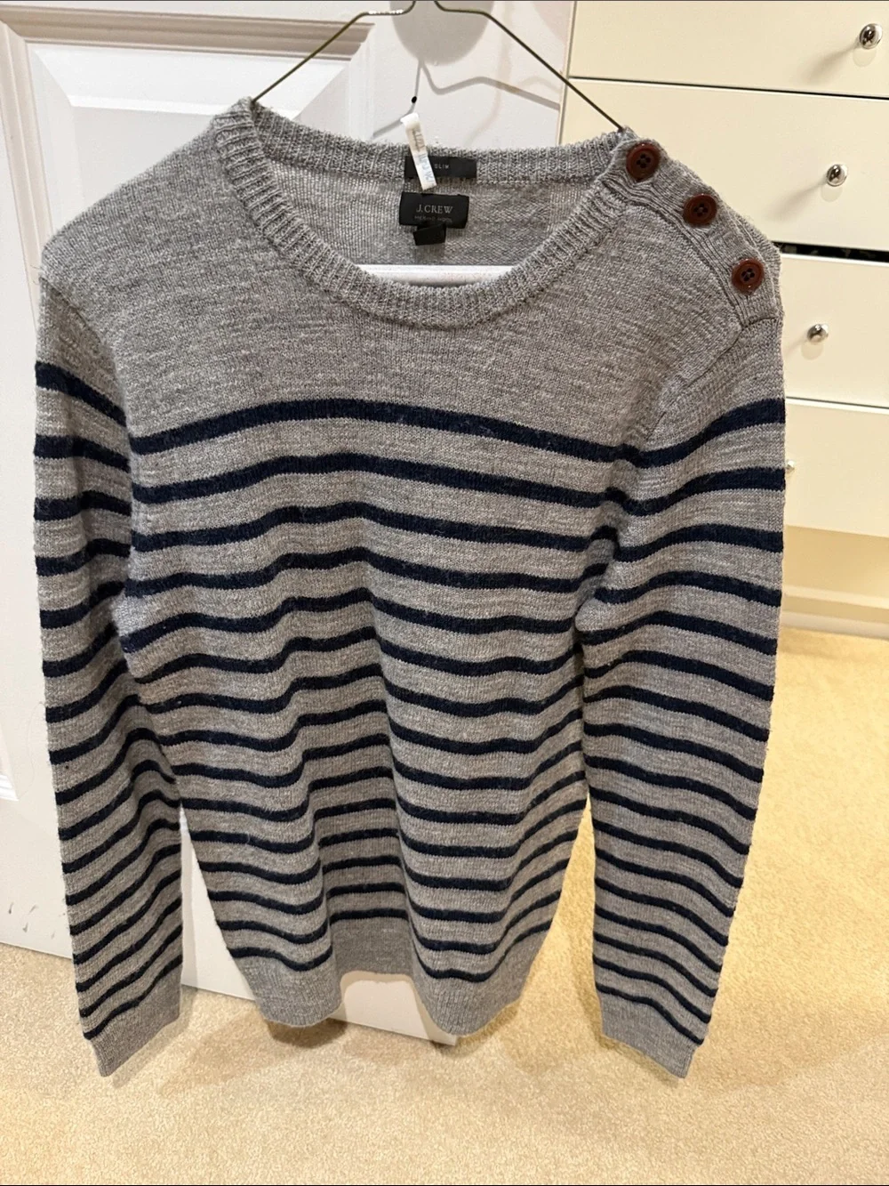 J. Crew Men’s Gray and Navy Striped Crewneck Sweater with Shoulder Buttons